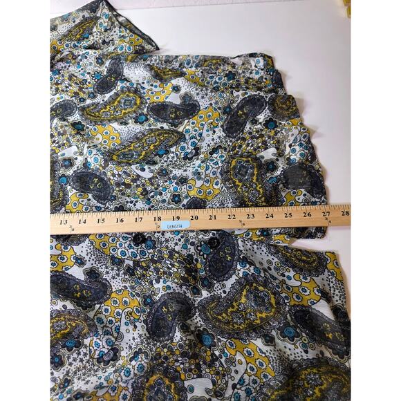 ST. HELENA Blue Yellow Floral Paisley 3/4 Sleeve Ruffle Neck Semi Sheer SZ L - Picture 8 of 9